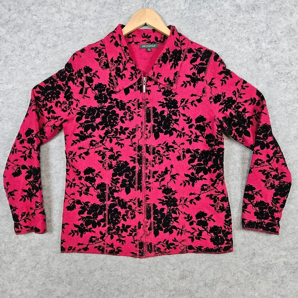For Cynthia Womens Pink & Black Floral Print Wool Blend Zip Up Cardigan Size M